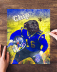Personalized pet puzzle featuring a black dog in a blue football uniform, with "Chip" and a yellow background.