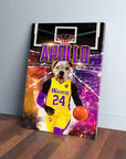 Personalized pet canvas featuring a dog in a yellow and purple basketball jersey, dribbling a ball.
