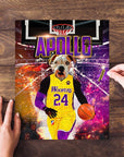 Personalized pet puzzle featuring a dog in a purple and yellow basketball uniform on a court.