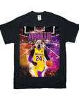 Black Gildan t-shirt with a personalized dog in a yellow and purple basketball jersey, holding a basketball.