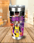 Personalized stainless steel tumbler with a custom dog portrait in a basketball uniform, "Apollo" text.