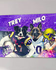 Custom canvas featuring two pets, a Border Collie and a German Shepherd, in purple football jerseys with helmets.