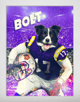 Personalized "Louisiana State Doggos" poster featuring a Border Collie in a purple football uniform with "BOLT" and number 17.
