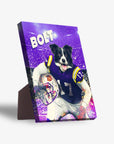 Personalized pet canvas featuring a black and white dog in a purple football uniform, holding a helmet.