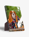 Personalized pet standing canvas featuring a Cavalier King Charles Spaniel in a red plaid "Lumberwoman" outfit with a chainsaw.