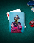 Personalized pet playing cards featuring a dog in a "Macho Man Randy Dogger" costume on a green felt table.