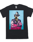 Black Gildan t-shirt featuring a personalized print of a dog dressed as "Macho Man Randy Savage" in pink.