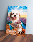 Personalized pet canvas with a white dog's head levitating over a rocky canyon, featuring a smaller dog on a cliff.