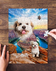 Personalized pet puzzle featuring a Shih Tzu dog portrait over a canyon landscape.