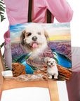 Personalized pet tote bag featuring a Shih Tzu dog portrait over a Majestic Canyon landscape.