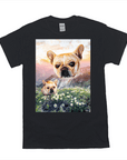 Black Gildan t-shirt with a personalized graphic of two French Bulldogs in a mountain valley with flowers.