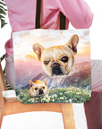 Personalized pet tote bag with two French Bulldog portraits over a mountain valley sunset.