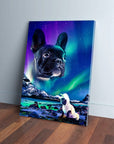 Personalized canvas with a black French bulldog's head floating over a vibrant Northern Lights landscape.