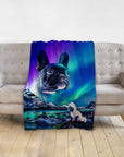 Personalized minky blanket with a custom French Bulldog pet portrait against a vibrant Northern Lights landscape.