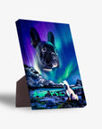 Personalized pet standing canvas featuring a black French Bulldog's head against a vibrant Northern Lights sky.