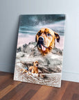 Custom pet canvas with a large dog head levitating over snowy mountains and a smaller dog below.