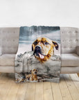 Personalized pet blanket with a Doggovinci portrait of a brown dog as a snowy mountain.