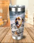 Personalized stainless steel tumbler with a custom dog portrait on a snowy mountain background.
