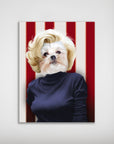Personalized "Marilyn Monpaw" dog poster featuring a Shih Tzu with blonde hair and a navy top against red and white stripes.