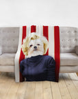 Personalized pet blanket with a Shih Tzu dog in a Marilyn Monroe-style portrait against red and white stripes.