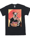 Black Gildan t-shirt with a bulldog in a black kimono and red parasol design.