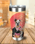 Personalized stainless steel tumbler with a custom bulldog pet portrait in a black kimono and red umbrella.