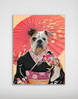 Personalized "Memoirs of A Doggeisha" poster featuring a bulldog in a black kimono with a red Japanese umbrella.