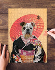 Personalized 'Memoirs of Doggeisha' pet puzzle featuring a bulldog in a kimono with a red umbrella.