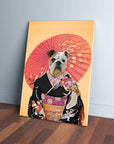 Personalized pet canvas featuring a bulldog in a black kimono with a red parasol, on a peach background.