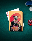 Personalized playing card featuring a bulldog in a black kimono with a red umbrella, on a green poker table.
