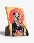 Personalized bulldog pet portrait on standing canvas, dressed in a black kimono with a red parasol.
