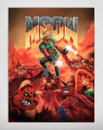 Personalized "Meow" pet poster featuring a cat in a green uniform fighting red demons.