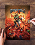 Personalized pet puzzle featuring a cat in a green suit fighting red monsters in a cartoon style.
