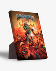 Personalized 'Meow' standing canvas featuring a pet in a Doom-style action scene with red monsters.