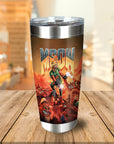 Personalized stainless steel tumbler with a custom pet portrait in a "Meow" Doom-style cartoon design.