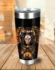 Personalized stainless steel tumbler with a custom "Mettalicat" Sphinx cat portrait in a dark, winged, Viking-style design.