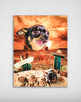 Personalized 'Mexican Desert' pet poster featuring a chihuahua head, desert landscape, cacti, and sombreros.