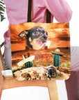 Personalized pet tote bag with a Chihuahua portrait in a Mexican desert scene.