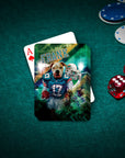 Personalized 'Miami Doggos' playing card featuring a dog in a football uniform, on a green felt table with poker chips and dice.