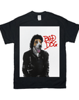 Black Gildan t-shirt with a personalized design of a dog's head on a Michael Jackson-style body, "BAD DOG" in red.