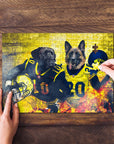 Personalized 2-pet puzzle featuring a black dog and German Shepherd in football uniforms.