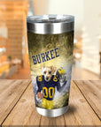 Personalized stainless steel tumbler with a custom dog portrait in a Michigan football uniform.