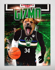 Personalized pet poster featuring a dog's head on a basketball player in a black and green Milwaukee Bucks uniform.