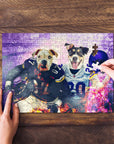Personalized 2 pet puzzle featuring two dogs in football jerseys, one piece being placed.