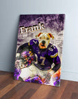 Personalized pet canvas featuring a bulldog's head on a football player's body in a purple Vikings jersey, named "Frank".