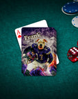 Personalized playing card featuring a dog's head on a football player's body, named "Frank," on a green felt table.