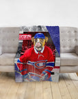 Personalized pet blanket featuring a dog in a red Montreal K9dians hockey uniform.