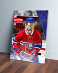 Personalized 'Montreal K9dians' pet canvas featuring a dog in a red hockey jersey and blue helmet.