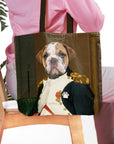 Personalized tote bag with a custom renaissance portrait of a bulldog in a royal uniform.