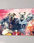 Personalized canvas featuring two dogs in New England Patriots football uniforms against a brick wall.